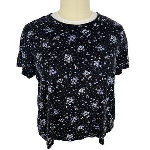 Old Navy Tee Shirt Women's XXL Black & Periwinkle Blue Ditzy Floral Boat Neck